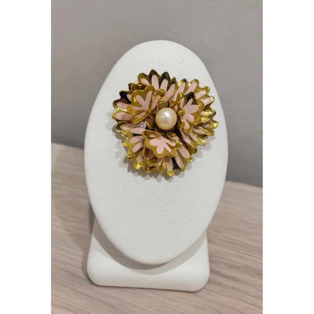 80s‎ Vintage Pearly Pink Gold Toned Floral Leafy Brooch Pin Whimsical Feminine